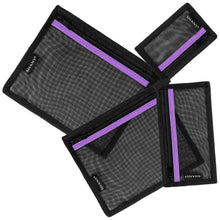Load image into Gallery viewer, SHANY 4-in-1 Mesh Travel Toiletry and Makeup Bag Set - Assorted Sizes Cosmetic Organizers with Attaching Loops and Purple Accent - SHOP  - MESH BAGS - ITEM# SH-MB400-BK
