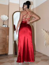 Load image into Gallery viewer, Backless Crisscross Ruched Split Satin Dress
