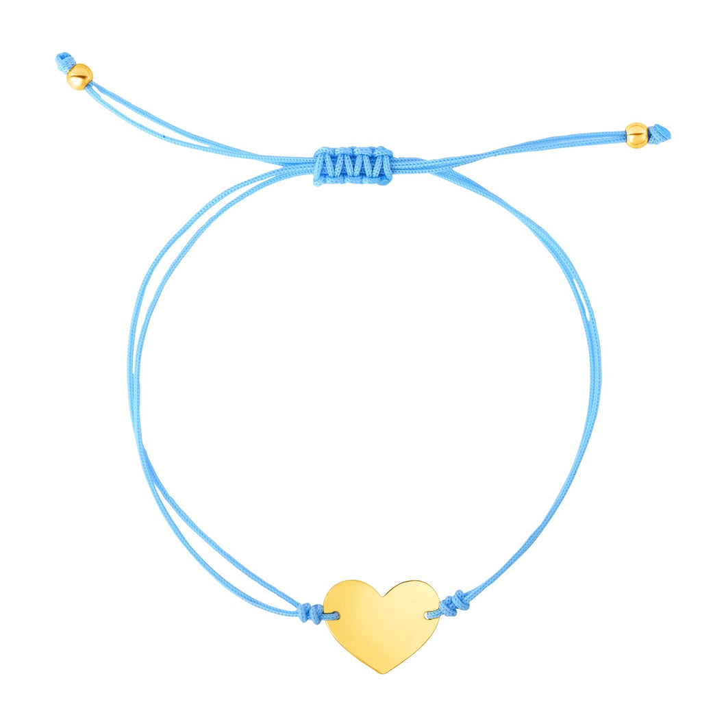 9 1/4 inch Blue Cord Adjustable Bracelet with 14k yellow Gold Heart