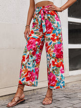 Load image into Gallery viewer, Floral Tie Belt Wide Leg Pants
