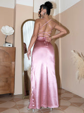 Load image into Gallery viewer, Backless Crisscross Ruched Split Satin Dress
