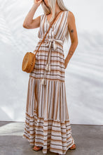 Load image into Gallery viewer, Striped Tie Waist Slit Sleeveless Dress
