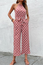 Load image into Gallery viewer, Polka Dot Grecian Wide Leg Jumpsuit
