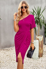 Load image into Gallery viewer, Ruched One-Shoulder Tulip Hem Dress
